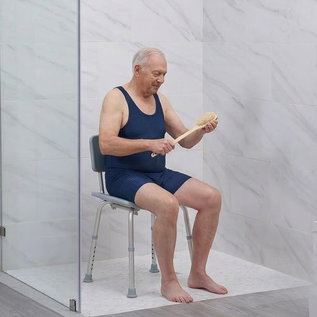 Person seated on a Drive Medical bath chair washing in a tiled shower
